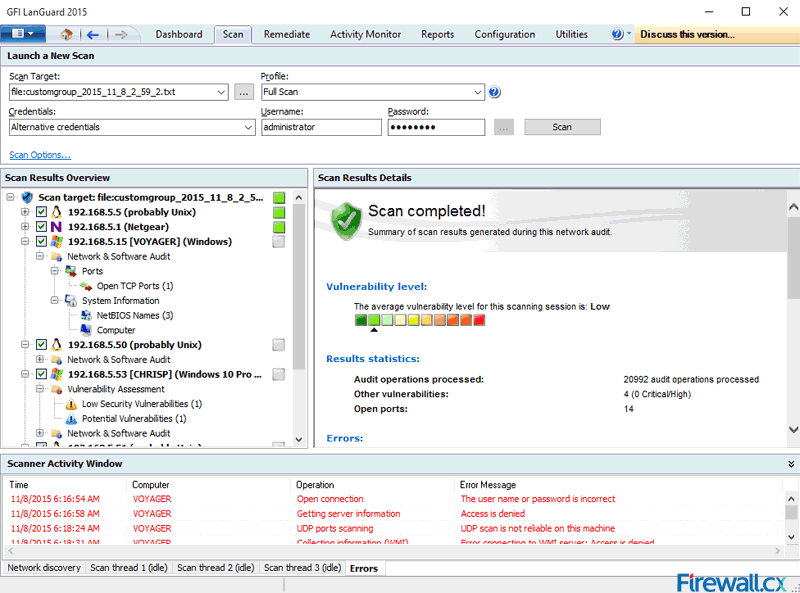 GFI LanGuard 2015 overall scan summary and results. gfi-languard-scan-network-and-discover-vulnerable-unpatched-high-risk-systems-7